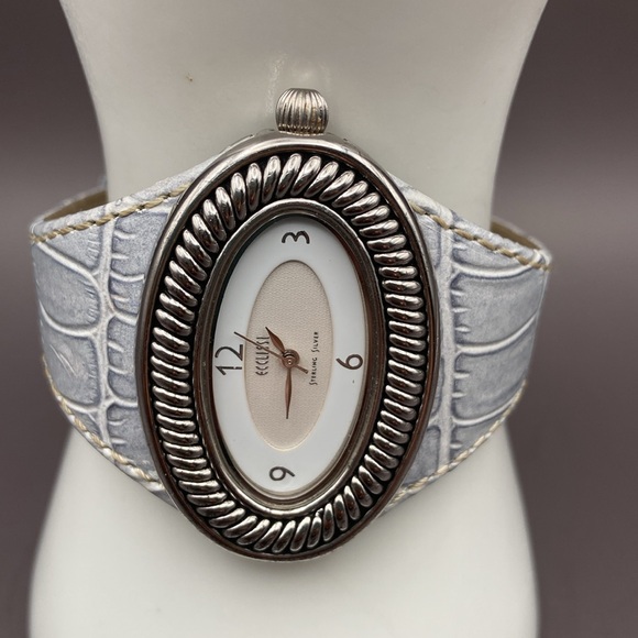 Ecclissi Sterling Silver Oval Rope Design Watch With Genuine Leather Band Grey - Picture 3 of 11